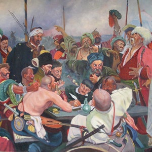 PINTURA ORIGINAL VINTAGE, pintura de gênero, uma cópia da famosa pintura Cossacos escrevem uma carta ao sultão turco (# 6), década de 1960