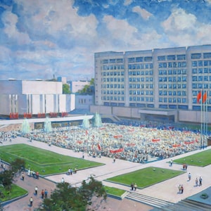 May include: A painting depicting a large crowd gathered in a public square in front of a modern building. The building has many windows and a flat roof. There are several fountains in the square, and the crowd is holding red flags.