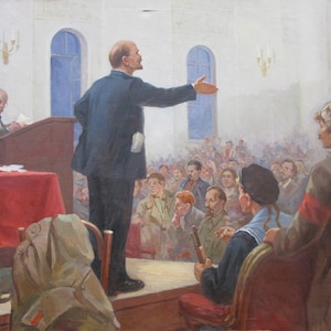 VINTAGE ORIGINAL PAINTING, socialist realism, genre painting, Lenin&#39;s performance, oil on canvas, 1960s