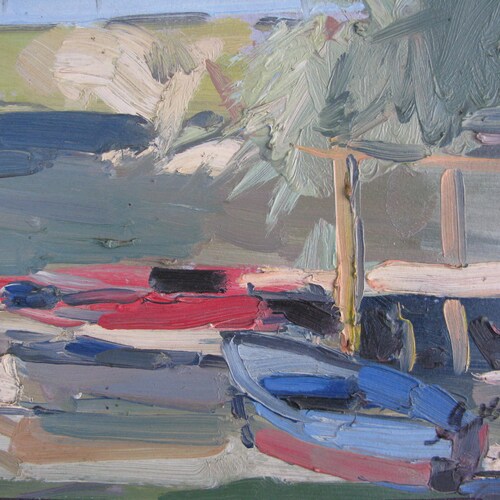 VINTAGE ORIGINAL PAINTING, vintage realism, social realism, impressionism, oil painting, shops landscape, Boat station, 1955, artist K. Yakubek