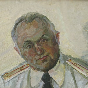 PINTURA ORIGINAL VINTAGE, realismo socialista, género, retrato, Militar, Hombre de uniforme, cartón, óleo, 1981, artista I. Bortnikov