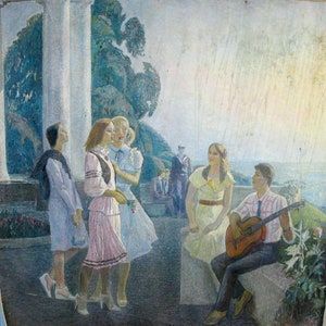 VINTAGE ORIGINAL PAINTING, socialist realism, genre painting, On the embankment, oil on canvas, 1983, Ukrainian artist F. Nedoshovenko