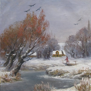 VINTAGE ORIGINAL PAINTING, socialist realism, landscape, Winter, oil on canvas, painted in the 1960s by Ukrainian artist A. Shivanyuk