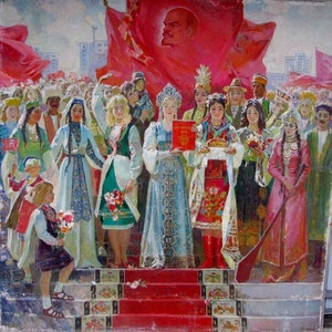VINTAGE ORIGINAL PAINTING, socialist realism, genre painting, Friendship of Peoples, oil on canvas,  1960s by Ukrainian artist G. Khromenko