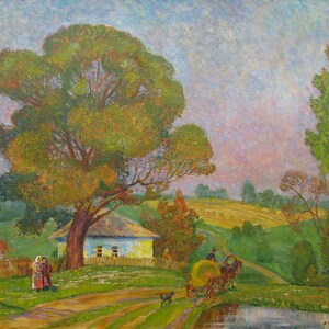 VINTAGE ORIGINAL PAINTING, socialist realism, genre painting, Ukrainian landscape, oil on canvas, 1986, artist V. Ezdakov