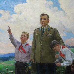 VINTAGE ORIGINAL PAINTING, socialist realism, genre, astronaut Yu. Gagarin and pioneers, oil, canvas, 1977, Ukrainian artist Yu. Kiyanchenko
