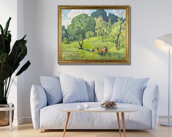 VINTAGE ORIGINAL PAINTING, oil painting, socialist realism, genre, landscape, Rest, artist A. Popov