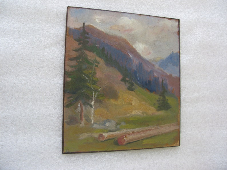 landscape Ukrainian artist K VINTAGE ORIGINAL PAINTING oil on cardboard 1990s In the mountains socialist realism Yakubek