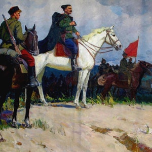 VINTAGE ORIGINAL PAINTING, socialist realism, genre painting, Kovpak before the attack, canvas, oil, 1970, Ukrainian artist V. Petukhov