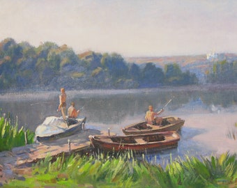 VINTAGE ORIGINAL PAINTING, oil painting, socialist realism, genre, landscape, Fishermen on the pond, 1979, artist L. Sheludko