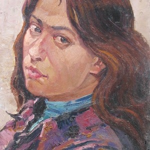 PINTURA ORIGINAL VINTAGE, realismo socialista, gênero, retrato, Menina, papelão, óleo, década de 1980, artista ucraniano I. Babenko