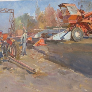 VINTAGE PINTURA ORIGINAL, realismo socialista, pintura de género, Trabajo en la granja colectiva, cartón, óleo, 1970, L. Sheludko