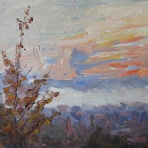VINTAGE PINTURA ORIGINAL, realismo socialista, género, paisaje, matutina de foggy, óleo sobre cartón, 1973, artista V. Solodovnikov