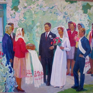 VINTAGE ORIGINAL PAINTING, socialist realism, genre painting, Komsomol wedding, oil on canvas, 1974, Ukrainian artist I. Prokopov