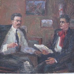 VINTAGE ORIGINAL PAINTING, &quot;Business conversation&quot;, oil on cardboard, painted in the 1960s by Ukrainian artist P. Sobko