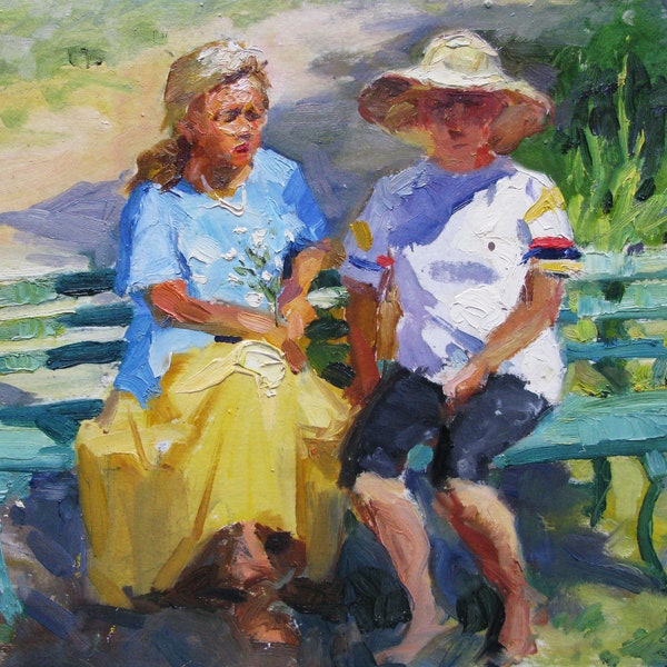 VINTAGE ORIGINAL PAINTING, socialist realism, genre, landscape, Conversation on the bench, cardboard, oil, 2000s, Ukrainian artist S. Ruban