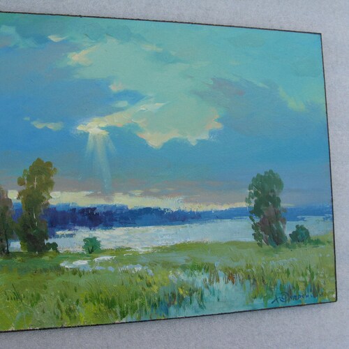 ORIGINAL PAINTING, vintage, modern painting, oil painting, impressionism, shops landscape, rural landscape, Sunbeams, 2020s, Y. Suprunchuk
