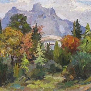 VINTAGE ORIGINAL PAINTING, socialist realism, landscape, Summer in the mountains, painted in the 1990s by the Ukrainian artist I. Bortnik