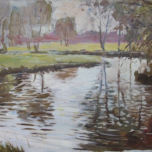 VINTAGE ORIGINAL PAINTING, socialist realism, landscape, Spill, cardboard, oil, painted in the 1970s by Ukrainian artist N. Maksimenko