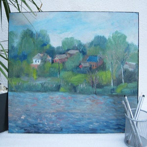 PINTURA ORIGINAL, vintage, realismo, pintura moderna, pintura a óleo, impressionismo, paisagem, Vila perto do rio, 2013, L. Kovalenko
