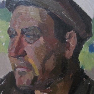 VINTAGE PINTURA ORIGINAL, realismo socialista, retrato, hombre en una gorra, cartón, óleo, pintura de la década de 1990, artista P. Sobko