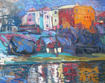 VINTAGE ORIGINAL PAINTING, socialist realism, cityscape, Zhytomyr, cardboard, oil, painted in the 1970s by Ukrainian artist N. Maksimenko