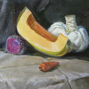 PINTURA ORIGINAL VINTAGE, realismo socialista, natureza morta, Legumes na mesa, óleo sobre papelão, década de 1980, artista ucraniano I. Bortnik