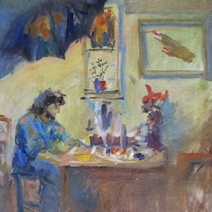 VINTAGE ORIGINAL PAINTING, socialist realism, genre, portre, Man at the table, oil on canvas, painting of the 2000s, artist V. Samchuk