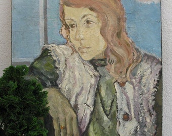 VINTAGE ORIGINAL PAINTING, oil painting, socialist realism, vintage, genre, portrait, female portrait, Girl, 1983, artist A. Zhegunov