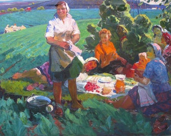 VINTAGE ORIGINAL PAINTING, socialist realism, genre, Sweet cherry cleaning, oil on canvas, painted in 1971 by Ukrainian artist N. Smolin