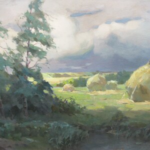 VINTAGE ORIGINAL PAINTING, socialist realism, landscape, Haystacks, oil on canvas, painted in the 1960s by Ukrainian artist V. Zhurakovsky