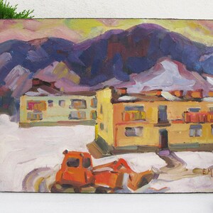 VINTAGE ORIGINAL GEMÄLDE, sozialistischer Realismus, Vintage Realismus, Impressionismus, Landschaft, Gebäude in den Bergen, 1973, Künstler E. Milyar