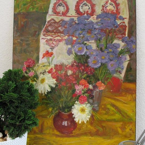 VINTAGE ORIGINAL PAINTING, pintura al óleo, realismo, realismo vintage, género, impresionismo, naturaleza muerta, Flores de verano, 2004, artista F. Maiko