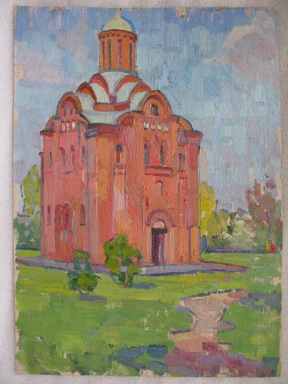 Over the obelisk oil on cardboard Ukrainian painter by Ivan Tyukha 1920 \u2013 2000 landscape painting Original vintage