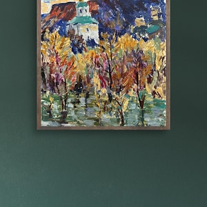 PINTURA ORIGINAL VINTAGE, pintura al óleo, realismo socialista, impresionismo, paisaje, Iglesia en el pueblo, artista N. Chernikov