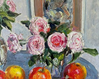 ヴィンテージ絵画、油絵、室内装飾、壁アート、静物画、花の絵画、夏の