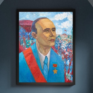 VINTAGE PAINTING, oil painting, vintage realism, socialist realism, portrait, male portrait, Portrait of a Hero, Ukrainian artist