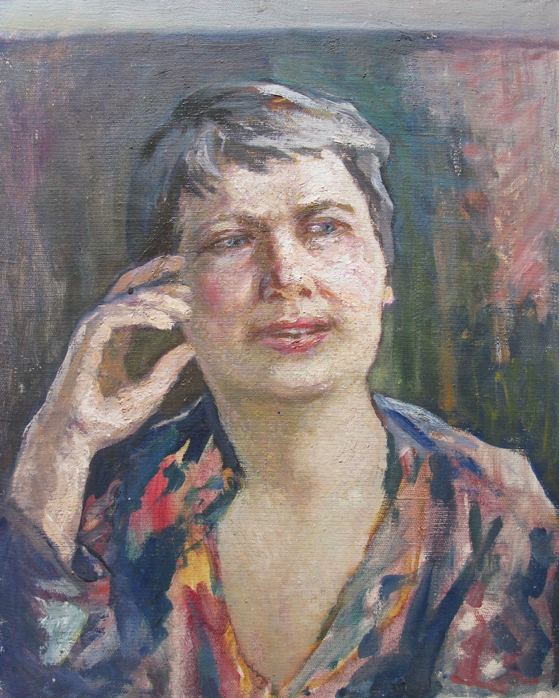 VINTAGE ORIGINAL PAINTING, socialist realism, genre, portrait, Woman with a colorful scarf, oil, canvas, 1982, Ukrainian artist Y. Lyubavin shops