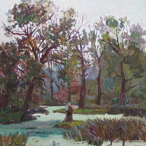 VINTAGE ORIGINAL PAINTING, socialist realism, landscape, In the forest, cardboard, oil, 1970s by Ukrainian artist N. Maksimenko