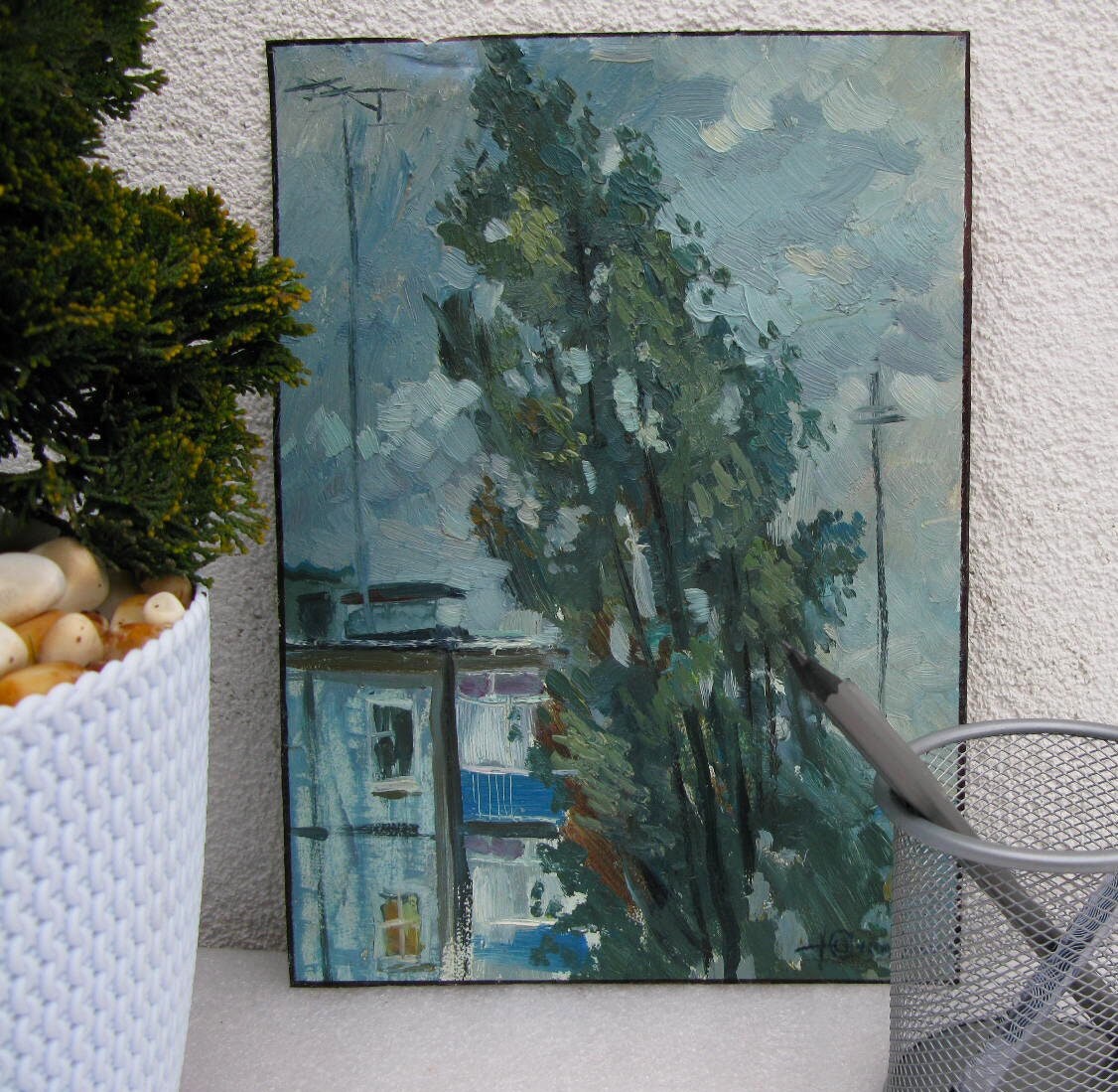 VINTAGE ORIGINAL PAINTING, oil painting, socialist realism, landscape, architecture, cityscape, Before the storm, 1983, artist Y. Suprunchuk