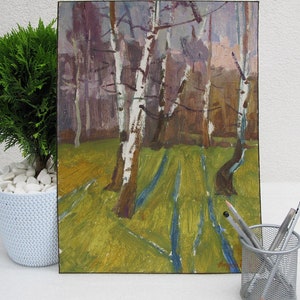 VINTAGE ORIGINAL GEMÄLDE, Ölmalerei, Realismus, Vintage Realismus, Impressionismus, Landschaft, Frühling, Birkenhain, 1969, M. Andriychuk