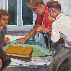 VINTAGE ORIGINAL PAINTING, realismo socialista, género, conversación, óleo sobre cartón, 1980, artista ucraniano Y. Lyubavin