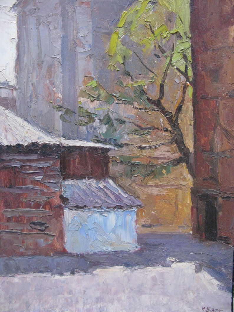 landscape Near the house VINTAGE ORIGINAL PAINTING 1980s oil on cardboard Ukrainian artist I socialist realism Babenko genre