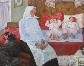 VINTAGE ORIGINAL PAINTING, socialist realism, genres, Silence, oil on canvas, painted in the 1974, by Ukrainian artist N. Marchenko
