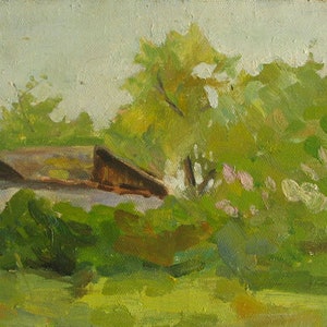 May include: A painting of a rural scene with a small house partially hidden behind trees. The house is painted in shades of brown and green, with a white wall. The trees are painted in shades of green and yellow, with some pink flowers visible. The background is a light blue sky.