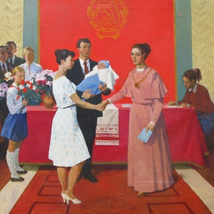 VINTAGE ORIGINAL PAINTING, socialist realism, genre, Newborn, oil on canvas, painted in the 1970s by Ukrainian artist K. Lomykin