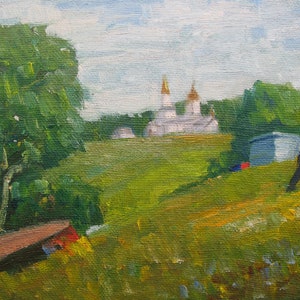 VINTAGE ORIGINAL GEMÄLDE, Ölgemälde, Sozialismus, Landschaft, Kirche im Dorf Nekhvoroshch, 2009, Künstler A. Rozbitsky