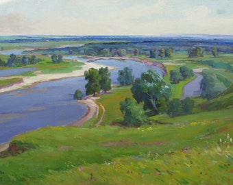 May include: A painting of a winding river flowing through a green valley. The river is a light blue color and the valley is covered in lush green grass. There are trees lining the riverbanks and a few small hills in the distance.