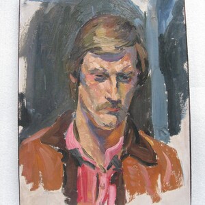 PINTURA ORIGINAL VINTAGE, realismo socialista, género, retrato, Hombre serio, óleo sobre cartón, década de 1990, artista ucraniano Z. Osadtsa
