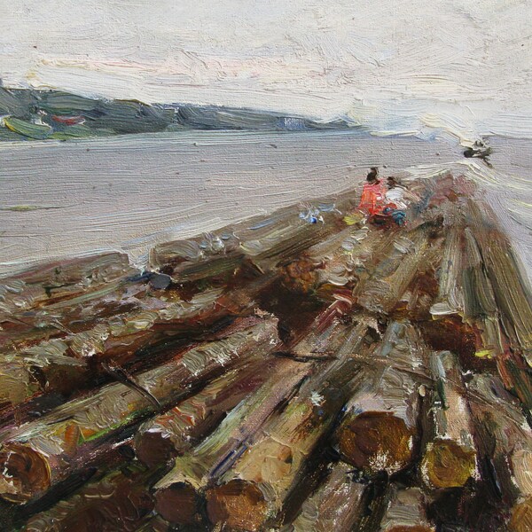 VINTAGE ORIGINAL PAINTING, socialist realism, genre, landscape, A raft from beams, Ferry, cardboard, oil, 1967, artist Y. Lyubavin